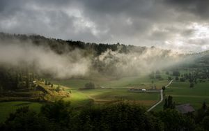 Preview wallpaper clouds, hills, forest, nature, houses