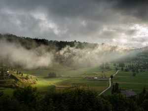 Preview wallpaper clouds, hills, forest, nature, houses