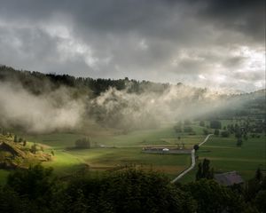 Preview wallpaper clouds, hills, forest, nature, houses