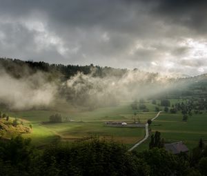 Preview wallpaper clouds, hills, forest, nature, houses