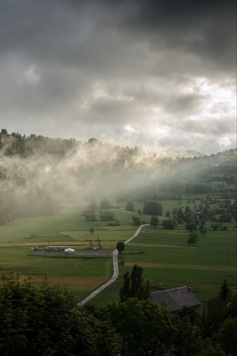 800x1200 Wallpaper clouds, hills, forest, nature, houses