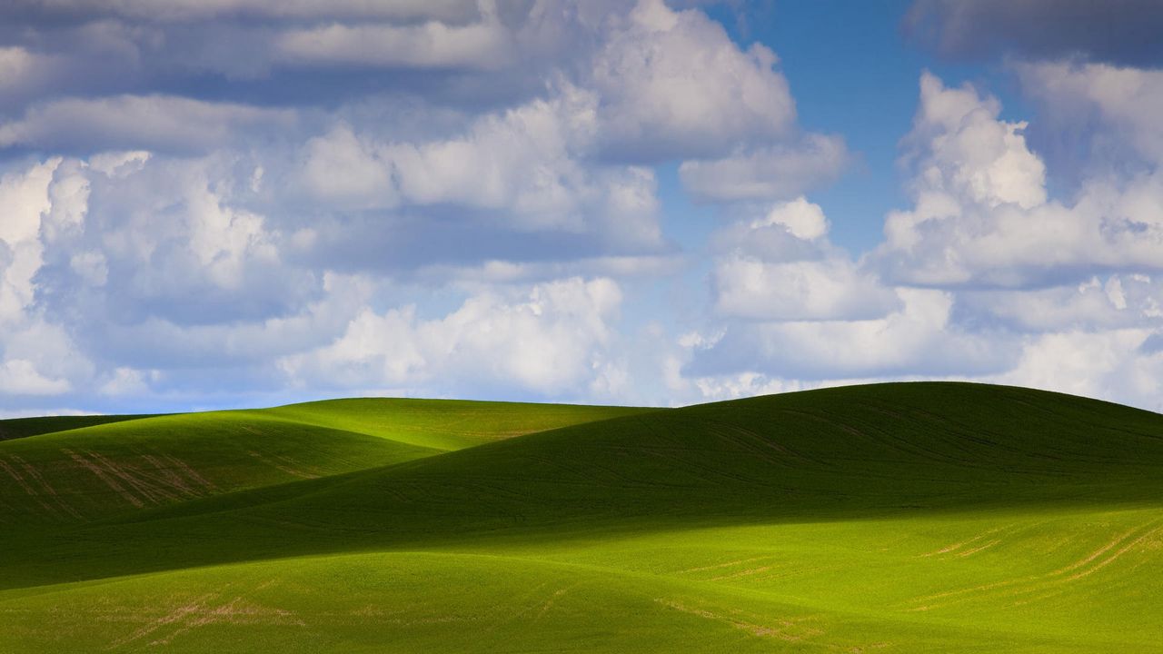 Wallpaper clouds, hills, sky, shadow, green