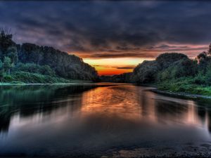 Preview wallpaper clouds, lakes, coast, trees, fog, colors