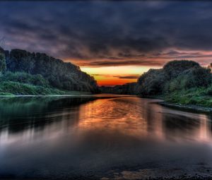 Preview wallpaper clouds, lakes, coast, trees, fog, colors