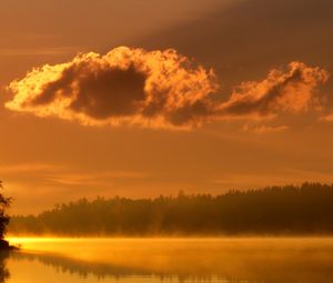 Preview wallpaper clouds, morning, dawn, lake, trees, fog