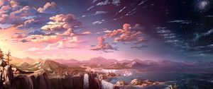 Preview wallpaper clouds, mountains, art, waterfalls, sky