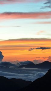 Preview wallpaper clouds, mountains, layers, height, colors, shades, paints, decline, evening
