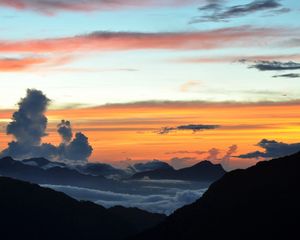 Preview wallpaper clouds, mountains, layers, height, colors, shades, paints, decline, evening