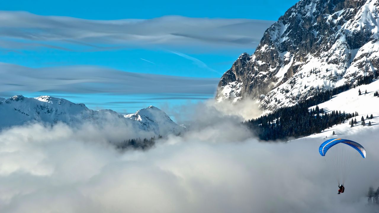 Wallpaper clouds, parachute, mountains, sky