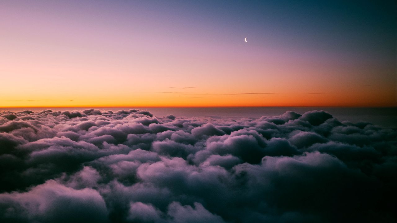 Wallpaper clouds, porous, sunset, sky horizon, twilight, moon, above clouds