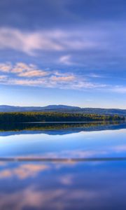 Preview wallpaper clouds, reservoir, trees, sky, ease, serenity, reflection, woods, summer