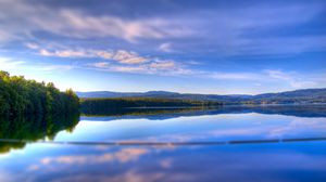 Preview wallpaper clouds, reservoir, trees, sky, ease, serenity, reflection, woods, summer