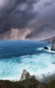 Preview wallpaper clouds, rocks, coast, sea, foam