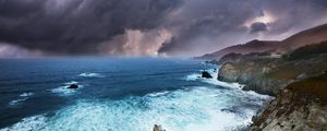 Preview wallpaper clouds, rocks, coast, sea, foam