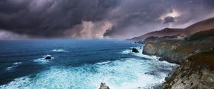 Preview wallpaper clouds, rocks, coast, sea, foam