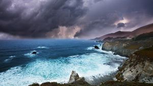 Preview wallpaper clouds, rocks, coast, sea, foam