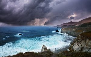 Preview wallpaper clouds, rocks, coast, sea, foam