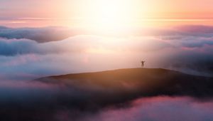 Preview wallpaper clouds, silhouette, jump, happiness, sunset