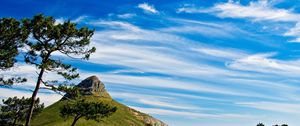 Preview wallpaper clouds, sky, blue, purity, mountain, trees, freshness