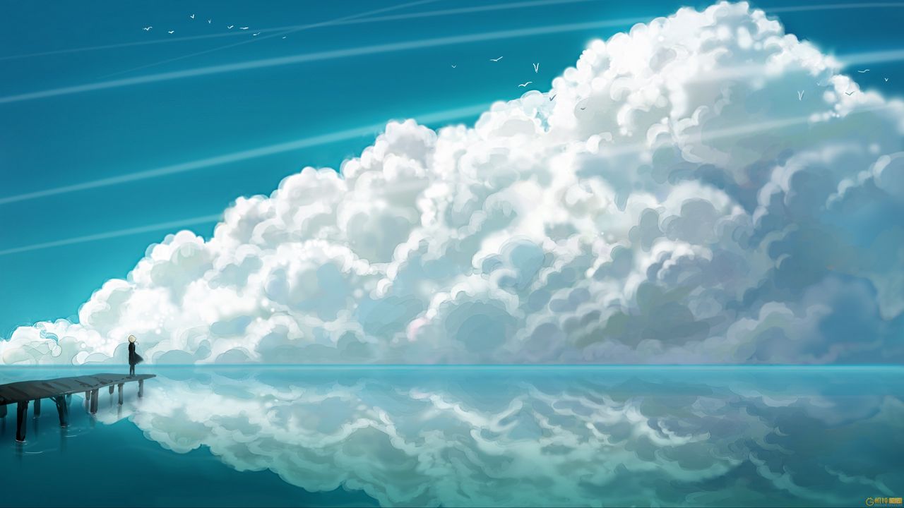 Wallpaper clouds, sky, bridge, people, reflection, sea