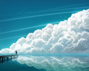 Preview wallpaper clouds, sky, bridge, people, reflection, sea