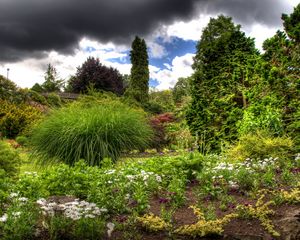 Preview wallpaper clouds, sky, garden, green, vegetation, cloudy, brightly