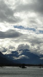 Preview wallpaper clouds, sky, mountains, heavy, water