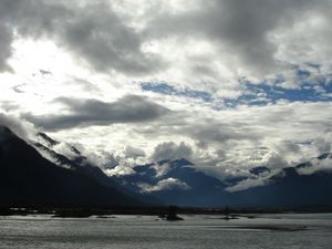 Preview wallpaper clouds, sky, mountains, heavy, water