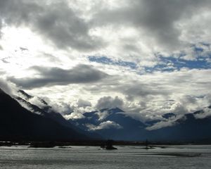 Preview wallpaper clouds, sky, mountains, heavy, water