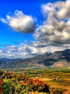 Preview wallpaper clouds, sky, mountains, flowers, paints, vegetation, grass