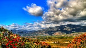 Preview wallpaper clouds, sky, mountains, flowers, paints, vegetation, grass