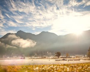 Preview wallpaper clouds, sky, mountains, ease, coast, light, sun, boats