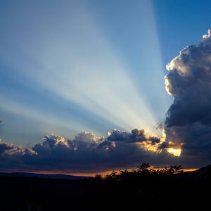 Preview wallpaper clouds, sky, rays, branches, distance