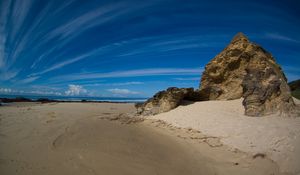 Preview wallpaper clouds, sky, stones, sand, coast, strips