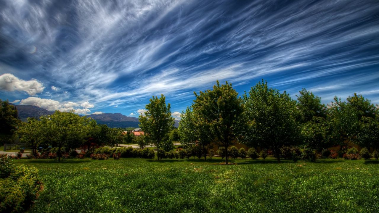 Wallpaper clouds, sky, summer, dark blue, green, white, trees, garden