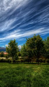 Preview wallpaper clouds, sky, summer, dark blue, green, white, trees, garden