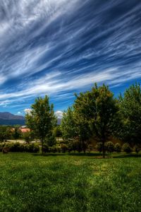 Preview wallpaper clouds, sky, summer, dark blue, green, white, trees, garden