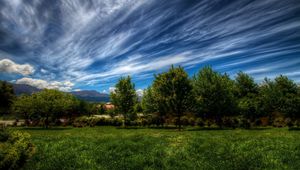 Preview wallpaper clouds, sky, summer, dark blue, green, white, trees, garden