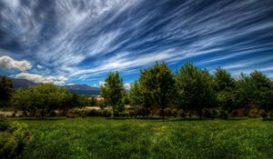 Preview wallpaper clouds, sky, summer, dark blue, green, white, trees, garden