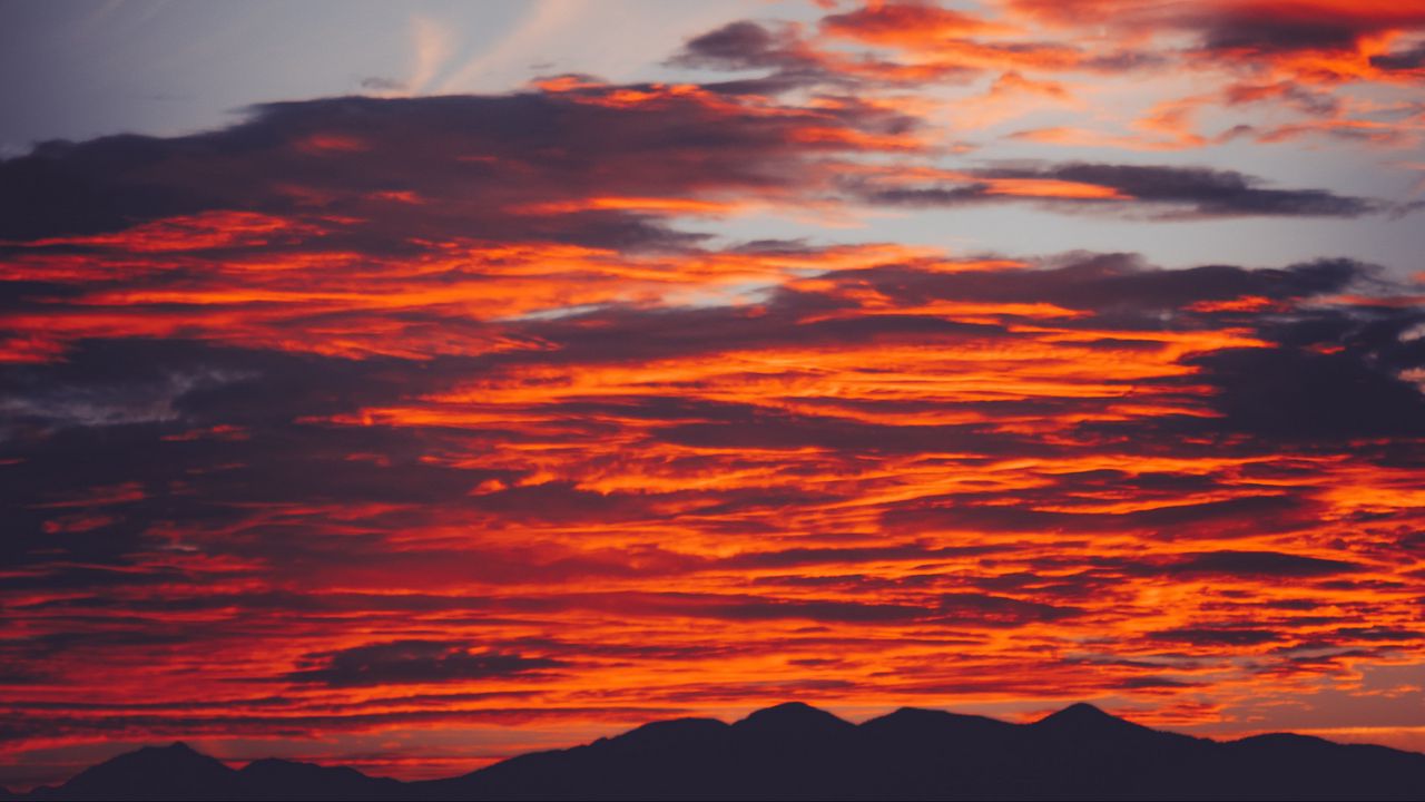 Wallpaper clouds, sky, sunset, red, porous, mountains, fiery