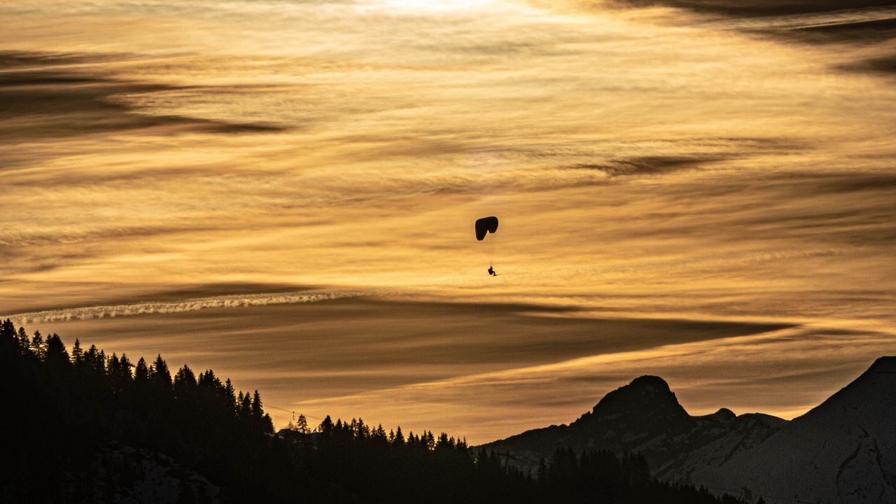 Wallpaper clouds, sky, trees, mountains, paraglider, silhouettes, twilight