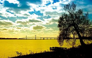 Preview wallpaper clouds, sky, water, coast, tree, bridge, morning, colors