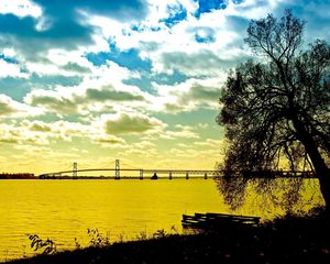 Preview wallpaper clouds, sky, water, coast, tree, bridge, morning, colors