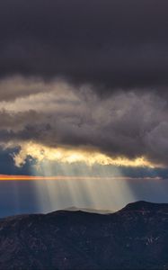 Preview wallpaper clouds, sun, rays, mountains, landscape