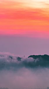 Preview wallpaper clouds, sunrise, mountain, dawn, fog, city
