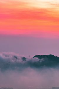 Preview wallpaper clouds, sunrise, mountain, dawn, fog, city