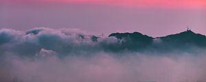 Preview wallpaper clouds, sunrise, mountain, dawn, fog, city