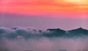 Preview wallpaper clouds, sunrise, mountain, dawn, fog, city