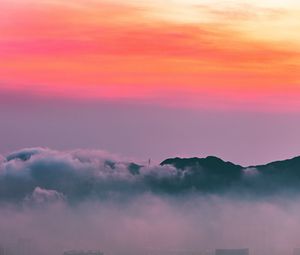 Preview wallpaper clouds, sunrise, mountain, dawn, fog, city