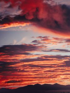 Preview wallpaper clouds, sunset, mountains, red, fiery